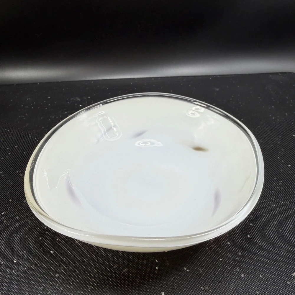 Vintage 1980s Venetian Blown Glass Dish Bowl White with Red Purple Swirls 6 Inch